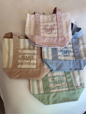 Set of 4 Trader Joe's Striped Canvas Tote - Pastel Multi Colors- Authentic